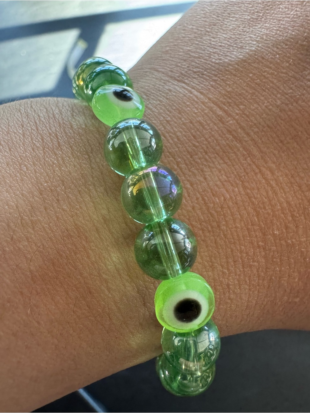 Green Glass Bead Bracelet with Evil Eye Accent